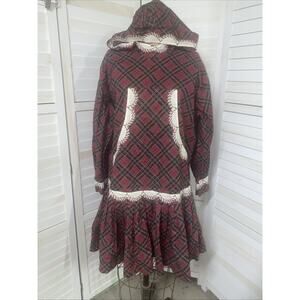 Vtg 60s 70s Red Plaid Dress Costume Mod GoGo Flare Long Sleeves Hooded X-Large